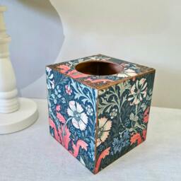 William Morris Compton Tissue Cover, Blue Pink Floral Wooden Box, Hand Decorated - thumbnail 3