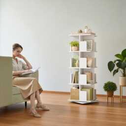 4-Tier Rotating Bookshelf - Tall Narrow Corner Bookcase 360 Revolving Floor Standing Storage Shelf - White - thumbnail 2