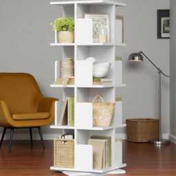 4-Tier Rotating Bookshelf - Tall Narrow Corner Bookcase 360 Revolving Floor Standing Storage Shelf - White