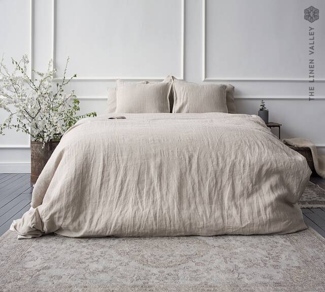 Natural Linen Duvet Cover Set - Queen King Bedding European Flax, Stonewashed Linen, Breathable Dark - image 1