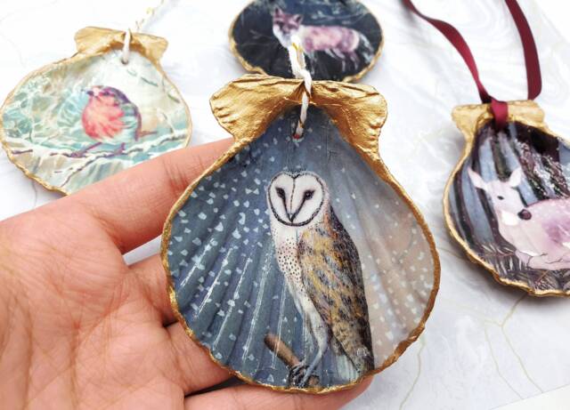 Handmade Christmas Ornaments - Woodland Shell Decoupage Decoration Animals Spring - image 1