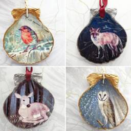 Handmade Christmas Ornaments - Woodland Shell Decoupage Decoration Animals Spring - thumbnail 2