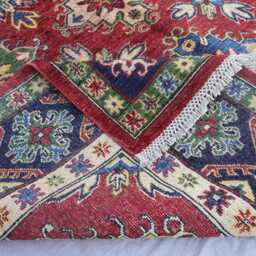 6'3x9'9 Ft Red Afghan Rug, Navy Blue Green Beige Hand Knotted Oriental Wool Geometric Kazak Bedroom Dining Table Carpet - thumbnail 4