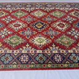 6'3x9'9 Ft Red Afghan Rug, Navy Blue Green Beige Hand Knotted Oriental Wool Geometric Kazak Bedroom Dining Table Carpet - thumbnail 3