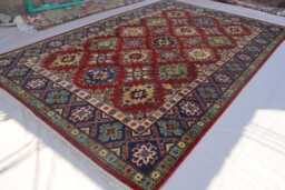 6'3x9'9 Ft Red Afghan Rug, Navy Blue Green Beige Hand Knotted Oriental Wool Geometric Kazak Bedroom Dining Table Carpet - thumbnail 1