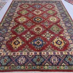 6'3x9'9 Ft Red Afghan Rug, Navy Blue Green Beige Hand Knotted Oriental Wool Geometric Kazak Bedroom Dining Table Carpet - thumbnail 2