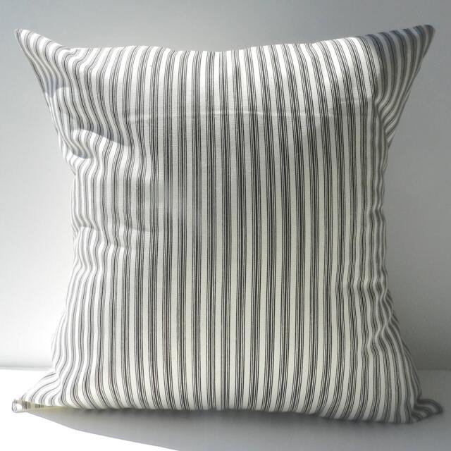 New 18x18 Inch Designer Handmade Pillow Cases in Black On Cream Ticking Stripe - image 1