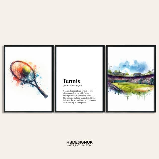 Tennis Poster Set - Of 3 Prints - Gift Watercolor Presents Boys & Girls Bedroom Wall Art Definition Decor - image 1