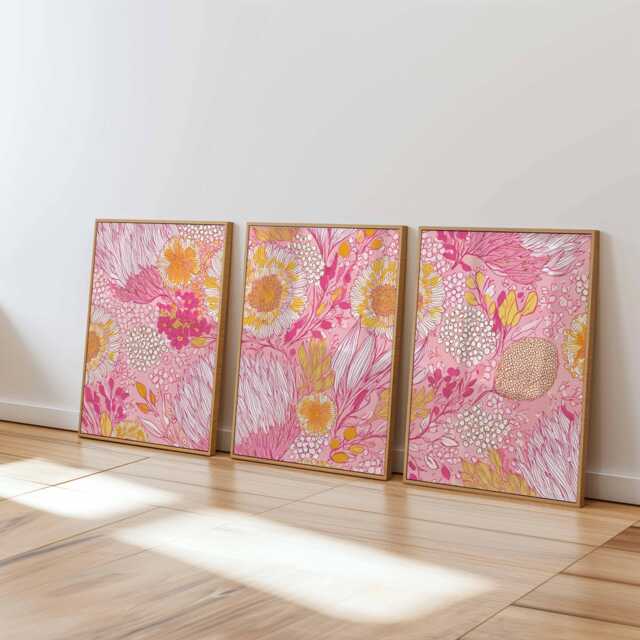 Pink Floral Wall Art Prints Set Of 3, Modern Botanical Posters, Vibrant Flower Artwork For Living Room, Bedroom Or Contemporary Home Decor - image 1