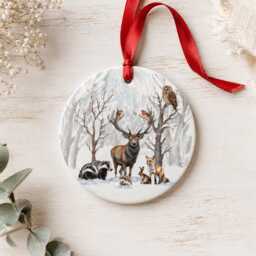 Woodland Animal Christmas Ornament Ceramic Or Mdf Wooden Hanging Decoration Stag, Fox, Badgers Robin Winter Forest 7cm Round Tree