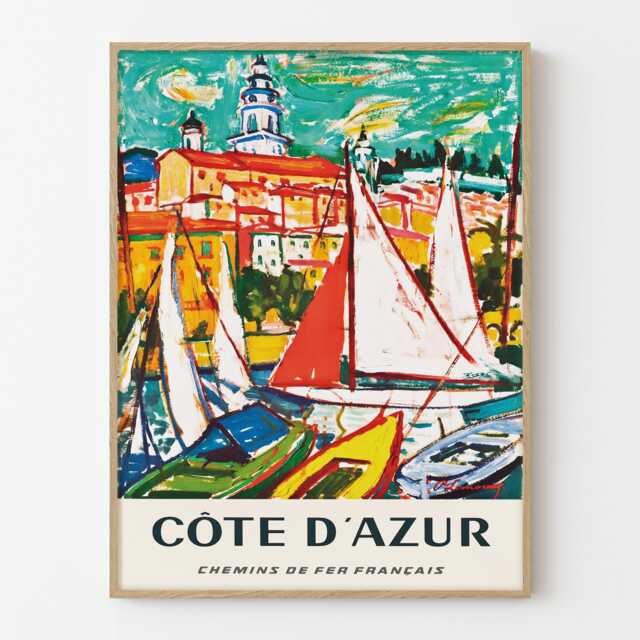 C??te D'azur Vintage Travel Poster Print, French Riviera Sailing Art Wall Decor - image 1