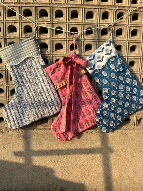Set Of 3 Block Printed Christmas Stockings Quilted Cotton Holiday Decor - image 1