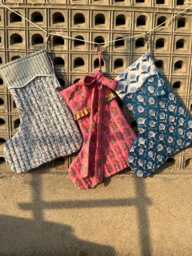 Set Of 3 Block Printed Christmas Stockings Quilted Cotton Holiday Decor - thumbnail 1