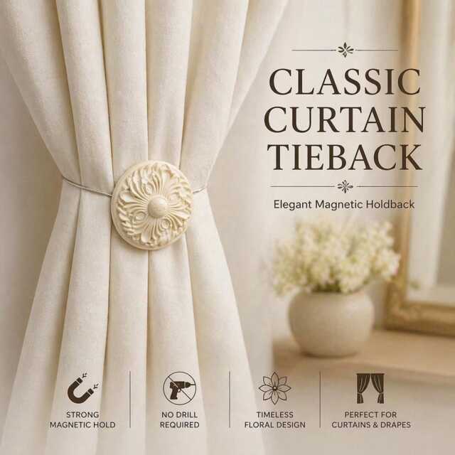 Ivory Magnetic Curtain Tieback - Classic Floral Holdback, Elegant Drapery Clip, No Drill Accessory - image 1