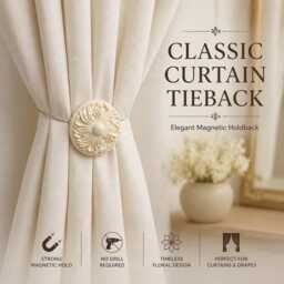 Ivory Magnetic Curtain Tieback - Classic Floral Holdback, Elegant Drapery Clip, No Drill Accessory - thumbnail 1