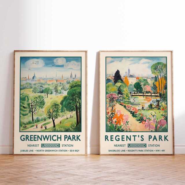 London Park Travel Posters, Greenwich & Regent's Prints, Vintage Art Deco Wall Art, Colorful City Landscape, UK Decor