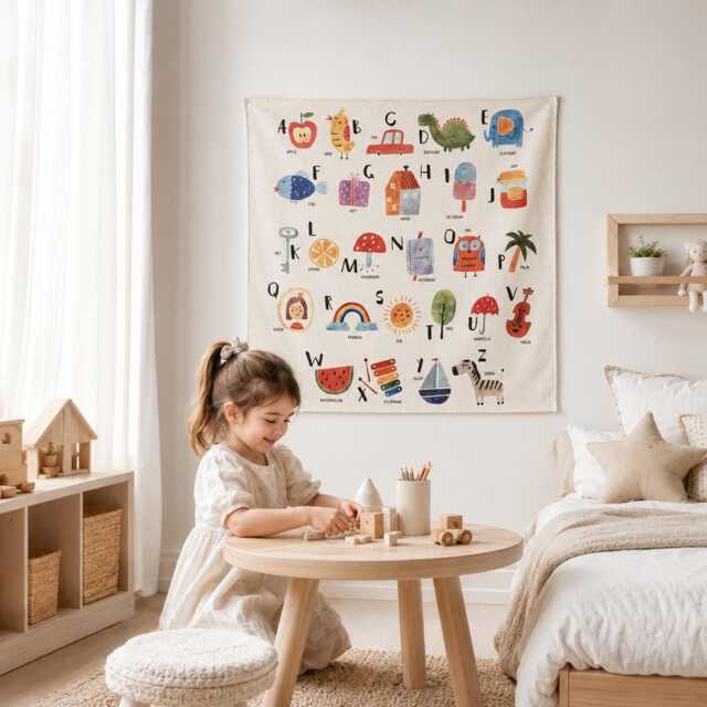 Baby Alphabet Nursery Wall Decor -Organic Cotton Montessori Tapestry - image 1