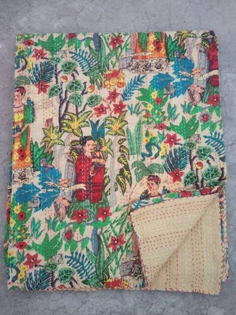 Floral Cotton Kantha Quilt Bohemian Hand-stitched Bedspread Throw - image 1