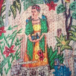 Floral Cotton Kantha Quilt Bohemian Hand-stitched Bedspread Throw - thumbnail 2