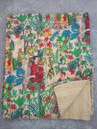Floral Cotton Kantha Quilt Bohemian Hand-stitched Bedspread Throw - thumbnail 1