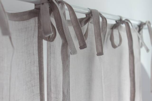 Sheer Light Grey Linen Cafe Curtain, Tie Top Rustic Farmhouse Style - image 1