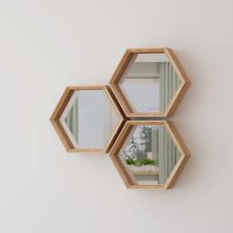 Hexagon Mirror Shelves, Oak, Honeycomb Wall Panels Glass Decorative Slats Wall - thumbnail 3