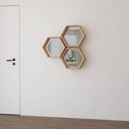 Hexagon Mirror Shelves, Oak, Honeycomb Wall Panels Glass Decorative Slats Wall - thumbnail 2