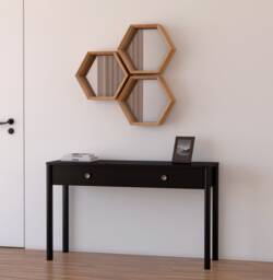 Hexagon Mirror Shelves, Oak, Honeycomb Wall Panels Glass Decorative Slats Wall - thumbnail 1