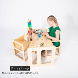 Montessori Wooden Kids Play Table Set, Toddler Set Or Preschool Learning Or Chair, Weaning Table, Kids Table For - thumbnail 2