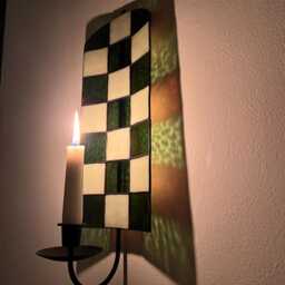 Green & Cream Checkered Stained Glass Candle Wall Sconce - thumbnail 3