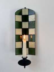 Green & Cream Checkered Stained Glass Candle Wall Sconce