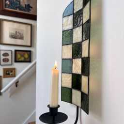 Green & Cream Checkered Stained Glass Candle Wall Sconce - thumbnail 2