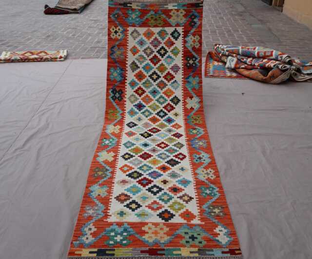 2'9x8'4 Ft Runner Rug, Flatweave Kilim Geometric Patterns Rug, Afghan Handmade Wool Short Hallway Runner, Kitchen - image 1