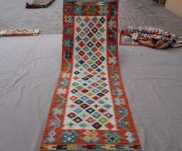 2'9x8'4 Ft Runner Rug, Flatweave Kilim Geometric Patterns Rug, Afghan Handmade Wool Short Hallway Runner, Kitchen - thumbnail 1