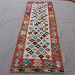 2'9x8'4 Ft Runner Rug, Flatweave Kilim Geometric Patterns Rug, Afghan Handmade Wool Short Hallway Runner, Kitchen - thumbnail 3