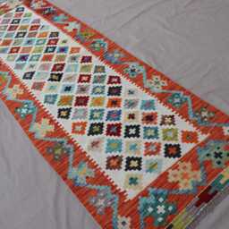 2'9x8'4 Ft Runner Rug, Flatweave Kilim Geometric Patterns Rug, Afghan Handmade Wool Short Hallway Runner, Kitchen - thumbnail 2