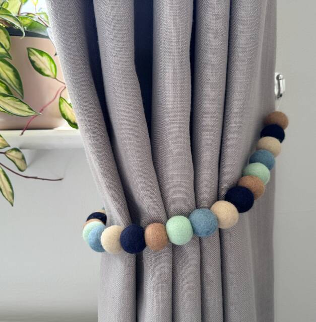 Neutral Navy Blue Felt Ball Curtain Tie Backs - Pom Hold Custom Nursery Decor Baby Gift Colourful Pull - image 1