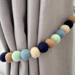 Neutral Navy Blue Felt Ball Curtain Tie Backs - Pom Hold Custom Nursery Decor Baby Gift Colourful Pull - thumbnail 2