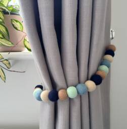 Neutral Navy Blue Felt Ball Curtain Tie Backs - Pom Hold Custom Nursery Decor Baby Gift Colourful Pull - thumbnail 1
