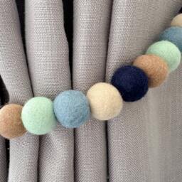 Neutral Navy Blue Felt Ball Curtain Tie Backs - Pom Hold Custom Nursery Decor Baby Gift Colourful Pull - thumbnail 3