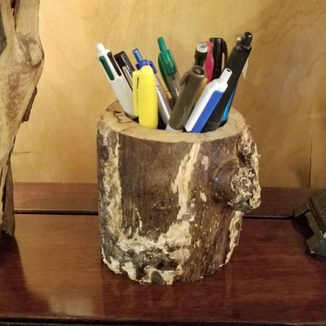 Log Pen Holder Tool Caddy Gift For Him - Rustic Wood Vase Centerpiece Unique Hollowed Tree Utensil Desk Organizer Boss Or Teacher - image 1