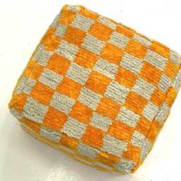 Orange Checkered Wool Moroccan Pouf Bohemian Floor Cushion [Unstuffed] - thumbnail 2
