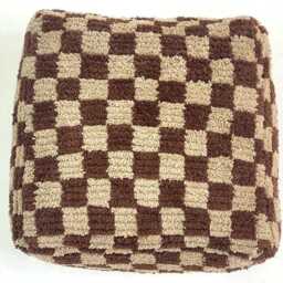 Orange Checkered Wool Moroccan Pouf Bohemian Floor Cushion [Unstuffed] - thumbnail 4