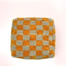 Orange Checkered Wool Moroccan Pouf Bohemian Floor Cushion [Unstuffed]