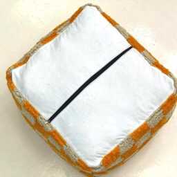 Orange Checkered Wool Moroccan Pouf Bohemian Floor Cushion [Unstuffed] - thumbnail 3