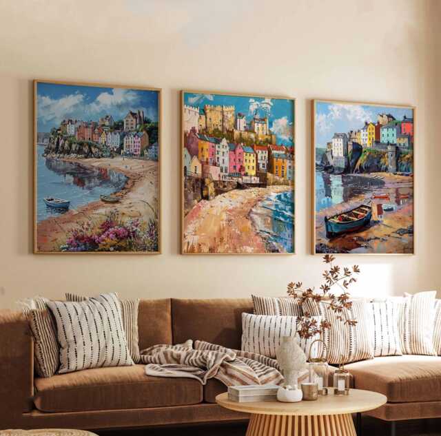 Set Of 3 Tenby Posters, Wales Travel Prints, Coastal Wall Art Sets, Seaside Poster Beach Town Home Decor Gift - image 1