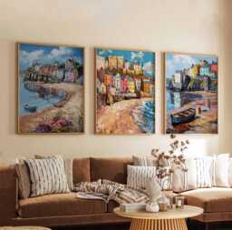 Set Of 3 Tenby Posters, Wales Travel Prints, Coastal Wall Art Sets, Seaside Poster Beach Town Home Decor Gift - thumbnail 1