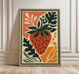 Modern Kitchen Wall Art, Strawberry Fruit Poster, Mid Century Style Botanical Print For Dining Room & Home Decor - thumbnail 1