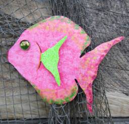 Handmade Metal Fish Wall Art Pink & Green Coastal Decor - 7x7 - thumbnail 1
