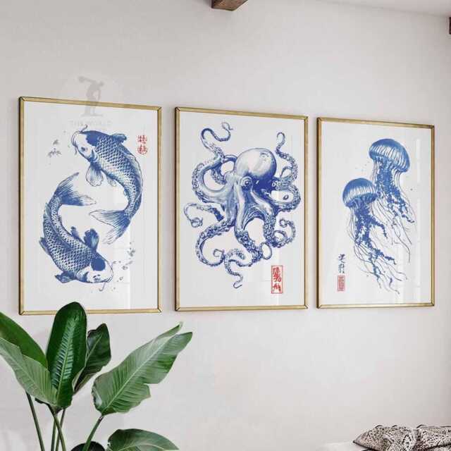 Set Of 3 Japanese Sealife Art - Blue Koi Fish Print Octopus Illustration Jellyfish Poster Coastal Japandi Decor Nautical Wall - image 1